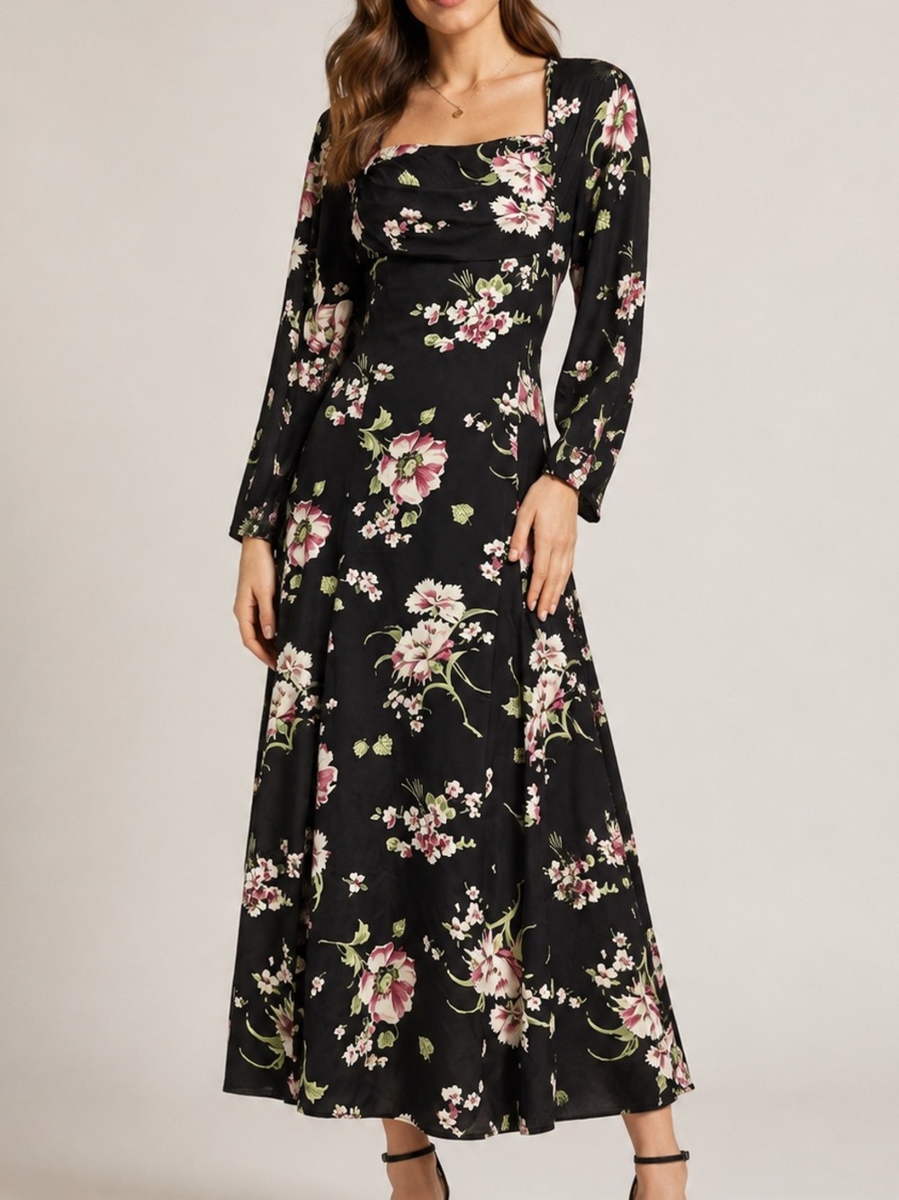 vintage 1980s Stuart Alan black floral maxi dress 12 large